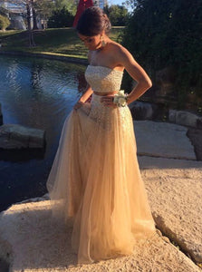 Two Piece Strapless Sleeveless Tulle Prom Dresses with Beadings 