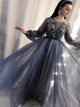 Long Sleeves Lace Appliques Tulle Sweep Train Prom Dresses