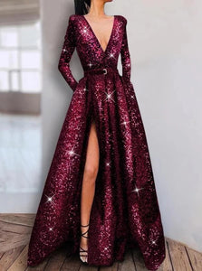 Glitter A Line Long Sleeves Split Red Prom Dresses With Pockets