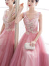 A Line Pink V Neck Tulle Lace Prom Dress LBQ0755