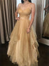 Gold Sequins Spaghetti Straps Prom Dresses LBQ1315
