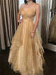 A Line Gold Sequins Spaghetti Straps Prom Dresses