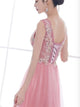 A Line Lace Up Pink V Neck Tulle Lace Prom Dresses