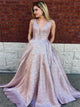 V Neck Ball Gown Satin Prom Dresses with Pleats