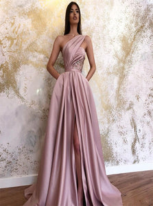 A Line Satin Lace Up Prom Dress with Sweep Train 