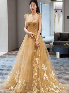 A Line Tulle Sleeveless Prom Dresses