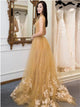 A Line Spaghetti Straps Tulle Prom Dresses with Appliques 