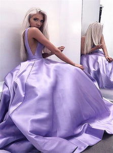 A Line V Neck Open Back Lilac Prom Dresses with Pleats