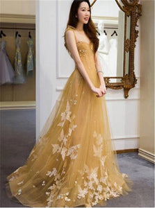 Champagne Tulle Prom Dresses with Sweep Train