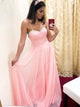 Sweetheart A line Pink Chiffon Sweep Train Prom Dresses With Beadings 