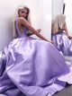 A Line V Neck Sweep Train Lilac Satin Prom Dresses