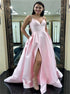 Pink Satin Spaghetti Straps Side Slit Prom Dress With Pocket LBQ1485