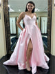 Pink Satin Spaghetti Straps Side Slit Prom Dresses
