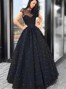 A Line Black Prom Dresses Jewel Cap Sleeves with Pearls