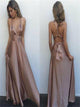 A Line Deep V Neck Satin Pink Prom Dresses with Pleats