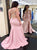 Pink Satin Criss Cross Prom Dresses with Sweep Train