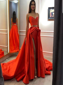 Sleeveless Red Satin Prom Dresses