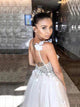 Deep V Neck Tulle Beadings White Prom Dresses Backless with 3D Appliques