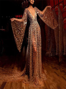 A Line V Neck Long Sleeves Sequins Golden Prom Dresses