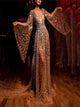 A Line V Neck Long Sleeves Sequins Golden Prom Dresses