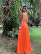 A Line Spaghetti Straps Orange Tulle Prom Dresses with Pleats