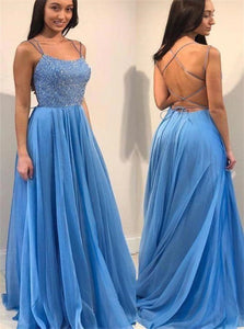 A Line Blue Spaghetti Straps Prom Dresses