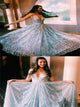 Sparkly V Neck A Line Floor Length Chiffon Sequins Prom Dresses