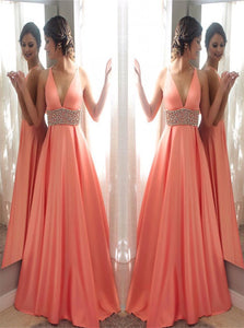 A Line V Neck Satin Prom Dresses with Beadings