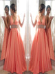 A Line V Neck Satin Prom Dresses with Beadings