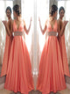 A Line V Neck Sweep Train Sleeveless Orange Prom Dresses