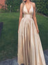 A Line Deep V Neck Satin Prom Dresses with Pleats LBQ1319