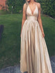 A Line Deep V Neck Satin Prom Dresses with Pleats