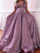 V Neck Pink Sweep Train Prom Dresses with Pockets and Pleats 