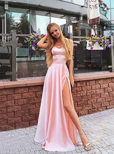 A Line Sweetheart Spaghetti Straps Slit Pink Prom Dresses