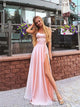 A Line Sweetheart Spaghetti Straps Slit Pink Floor Length Prom Dresses