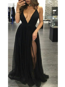 V Neck Tulle Sleeveless Black Prom Dresses With Sweep Train