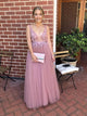 A Line Deep V Neck Tulle Sleeveless Prom Dresses with Appliques