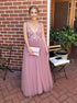 A Line Deep V Neck Tulle Prom Dress with Appliques LBQ0652
