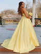 A Line Yellow Lace Up Satin Prom Dresses with Beadings