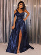 A Line One Shoulder Sequin Navy Blue Prom Dresses with Slit