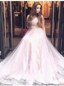 A Line Pink Tulle Prom Dresses with Appliques 