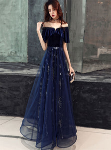 A Line Dark Blue Tulle Prom Dresses with Pleats 