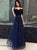 A Line Dark Blue Tulle Prom Dresses with Pleats 