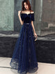 A Line Dark Blue Tulle Prom Dresses with Pleats 