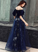 A Line Half Sleeves Floor Length Dark Blue Prom Dresses 