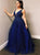 V Neck Beadings Floor Length Navy Blue Prom Dresses