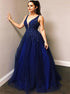 V Neck Beadings Floor Length Navy Blue Prom Dress LBQ1282