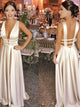 A Line V Neck Sleeveless Satin Floor Length Prom Dresses  
