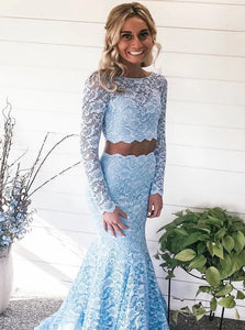 Two Piece Mermaid Sky Blue Lace Prom Dresses with Long Sleeves