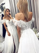 A Line White Tulle Lace Prom Dresses with Slit